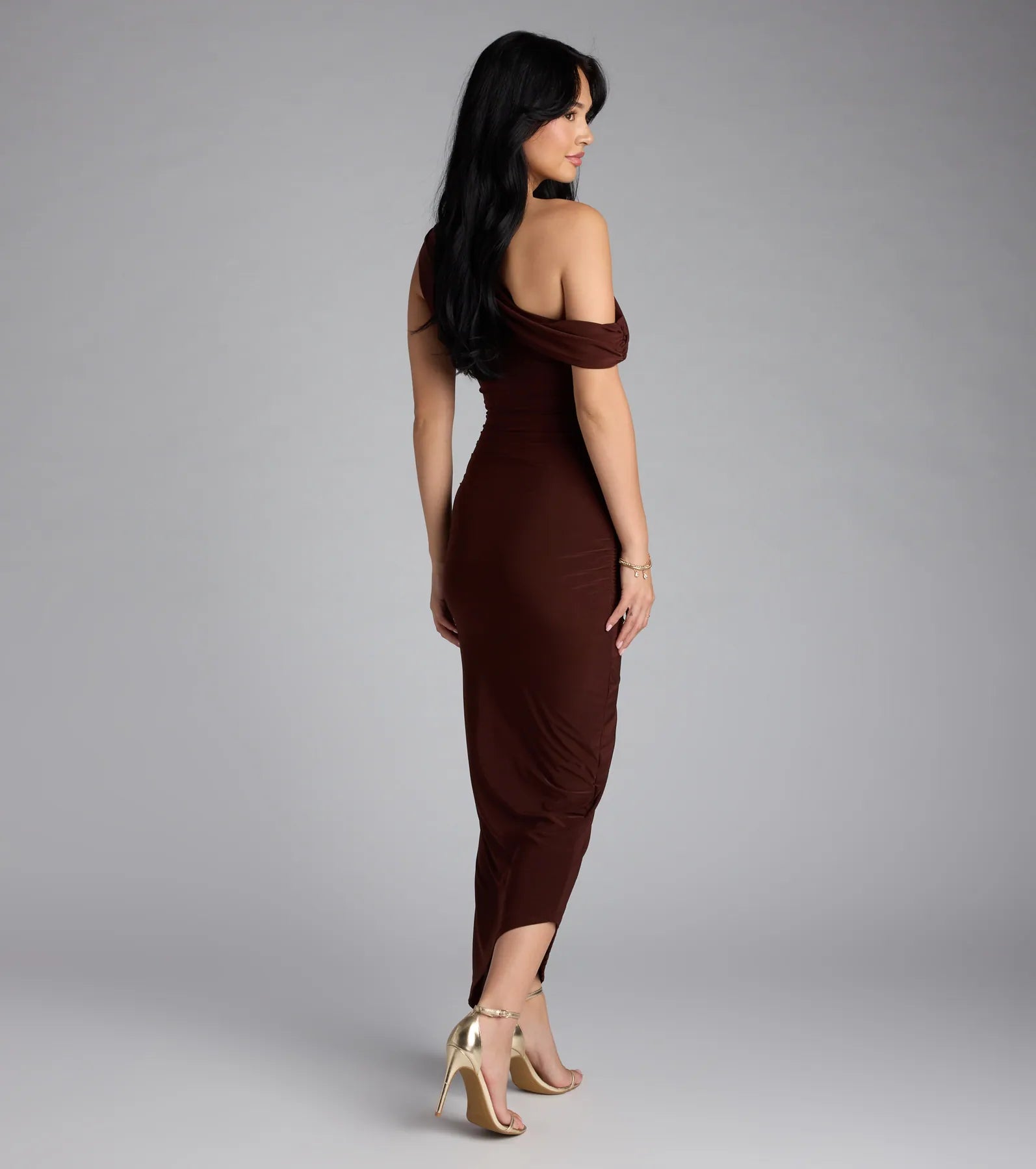 The Can't Deny It One-Shoulder Bodycon Midi Dress in brown features a flattering fit and mid-calf hem, redefining effortless midi dresses for any occasion.