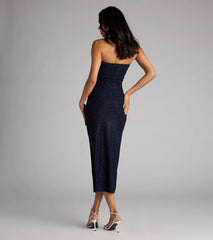 Feel ready for every dance floor moment or feed-worthy reel in the Sparkle Plans Glitter Knit Midi Tube Dress, a navy blue homecoming dress designed to own your moment.
