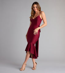 Feel ready for every dance floor moment or feed-worthy reel in the Back For More Ruffle Bow Midi Dress, a homecoming dress designed to own your moment.