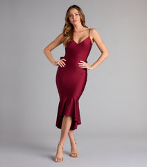 Feel ready for every dance floor moment or feed-worthy reel in the Back For More Ruffle Bow Midi Dress, a homecoming dress designed to own your moment.