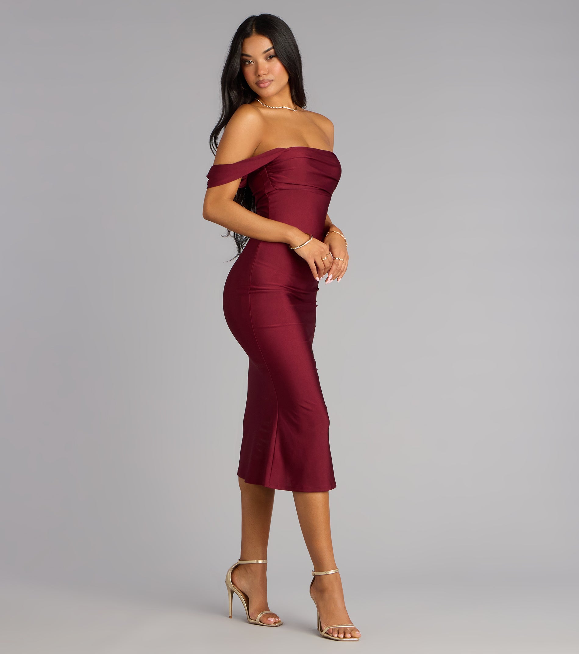 Exceptional Off-The-Shoulder Flared Midi Dress