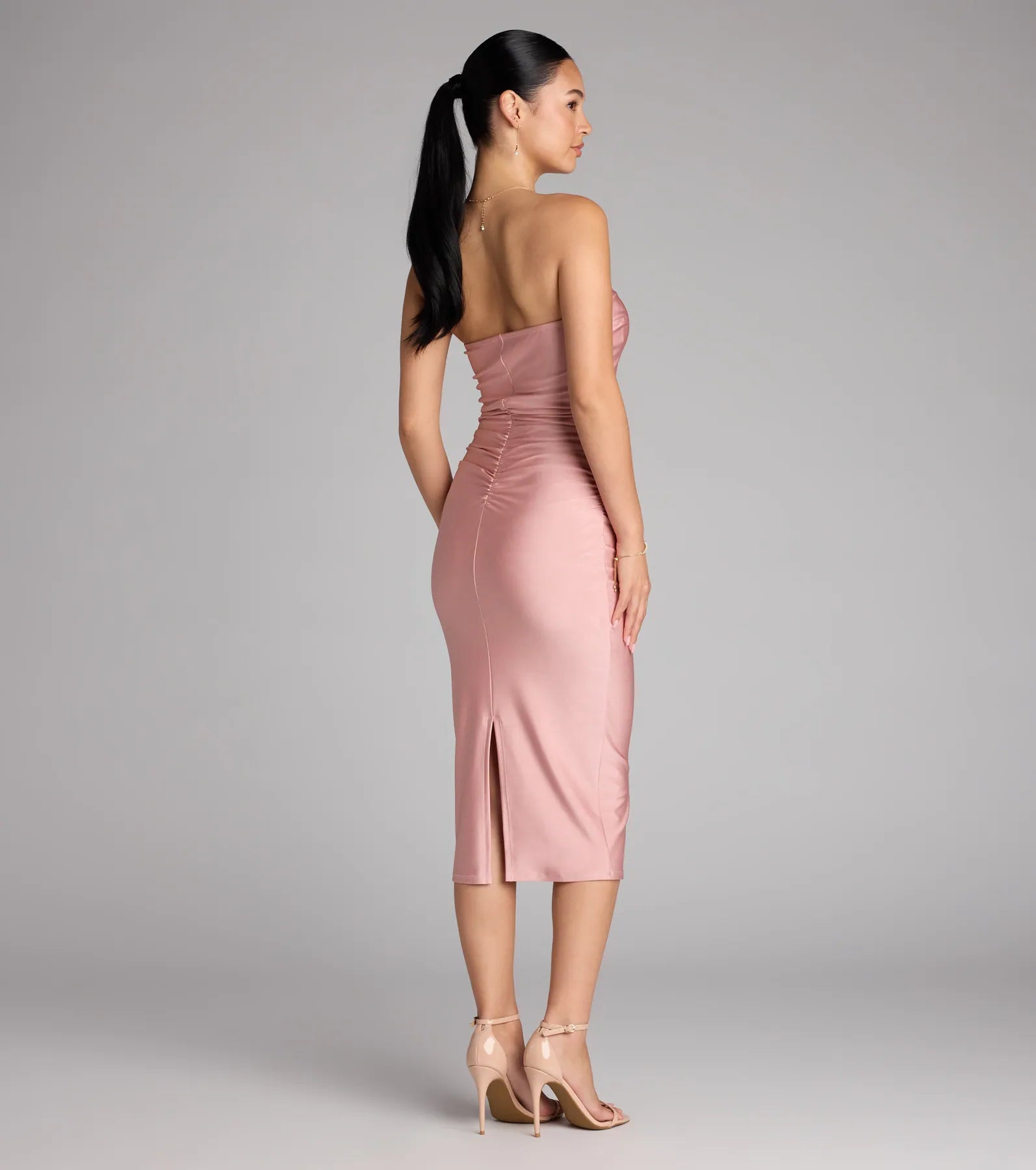 The Fabulous Allure Strapless Bodycon Midi Dress in rose features a flattering fit and mid-calf hem, redefining effortless midi dresses for any occasion.