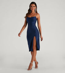 Own your moment in the Sleek And Smooth High Slit Midi Dressin navy blue, a standout 2025 Homecoming Dress that captures all the glam and energy of the night.