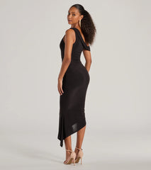Own the evening in the Can't Deny It One-Shoulder Bodycon Midi Dress in black, a sultry cocktail dress perfect for rooftop parties and stylish soirées.