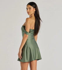 Feel ready for every dance floor moment or feed-worthy reel in the Classics Lover Off-The-Shoulder Satin A-Line Mini Dress, a sage green homecoming dress designed to own your moment.