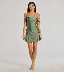 Make a bold statement in the Classics Lover Off-The-Shoulder Satin A-Line Mini Dress in sage green, the perfect green dress for weddings, cocktail hours, nights out, and/or seasonal celebrations.