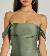 Classics Lover Off-The-Shoulder Satin A-Line Mini Dress, a trendy sage green mini dress featuring modern details and a fresh seasonal hue, perfect for creating chic 2025 looks.