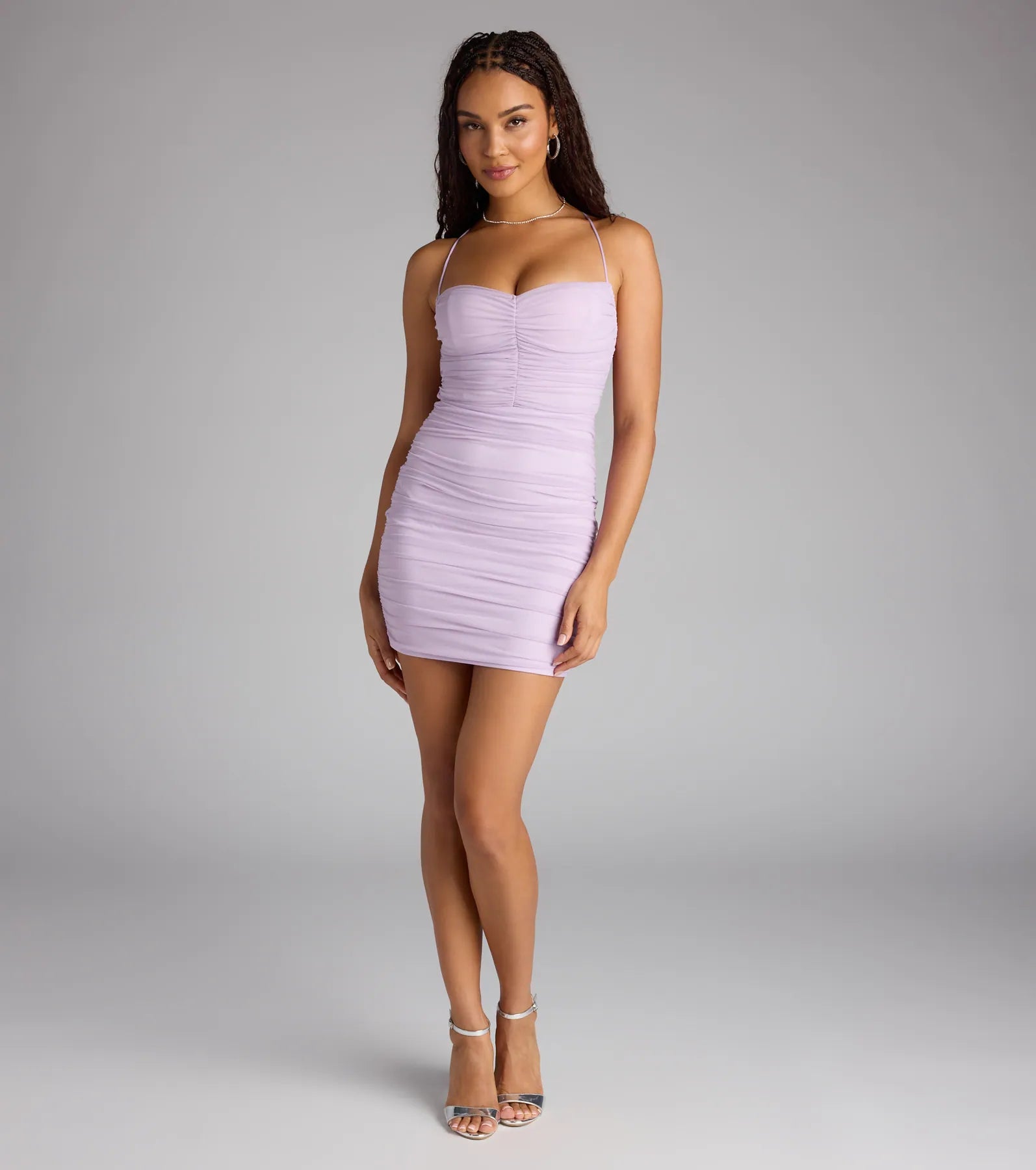 Style your seasonal looks with the Mood Forever Mesh Lace-Up Mini Dress, a trend-right, lavender fall dress designed for any plan on your calendar with new and unqiue details.