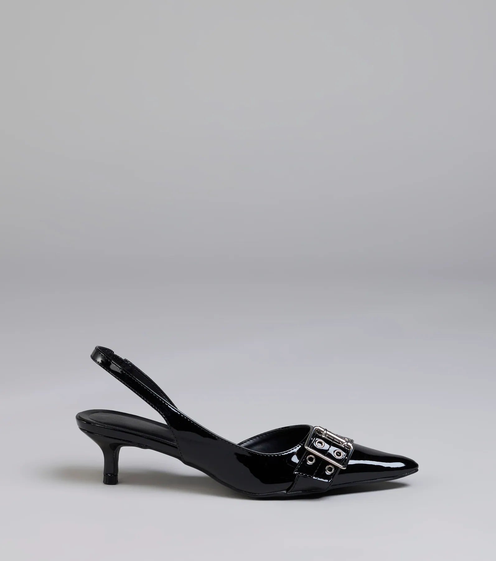 Turn heads in the Sleek Trendy Buckle Strap Slingback Kitten Heels, black heels showcasing a fresh trend or stylish detail made to elevate your full Windsor fit.