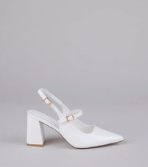 Style made simple with the Point Made Buckle Strap Sling-Back Pumps in white, trendy women’s shoes that take your outfit from basic to bold in one step.
