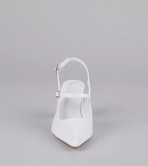 Style made simple with the Point Made Buckle Strap Sling-Back Pumps in white, trendy women’s shoes that take your outfit from basic to bold in one step.