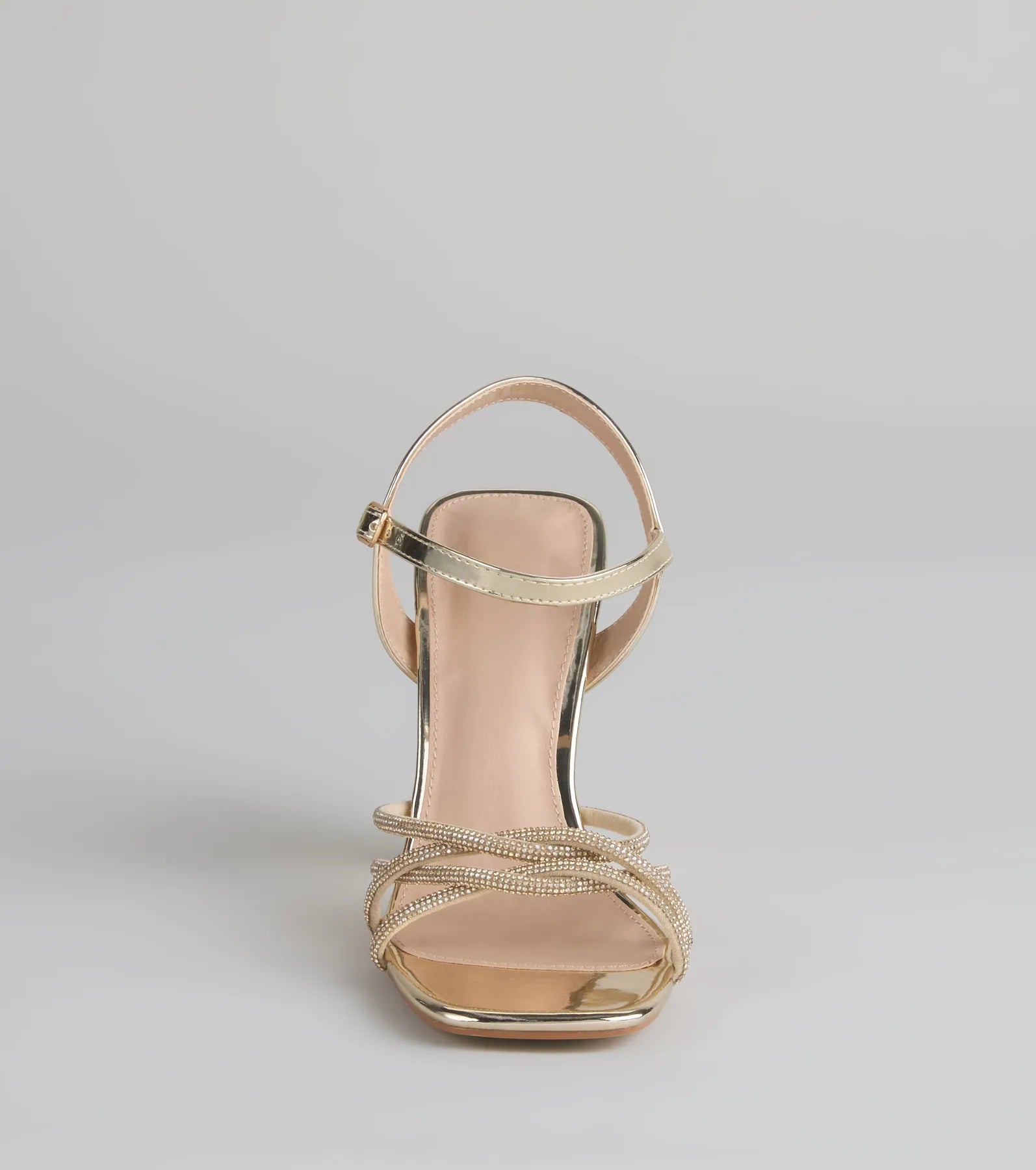 Style made simple with the Glow Getter Twisted Rhinestone Heels in gold, trendy women’s shoes that take your outfit from basic to bold in one step.