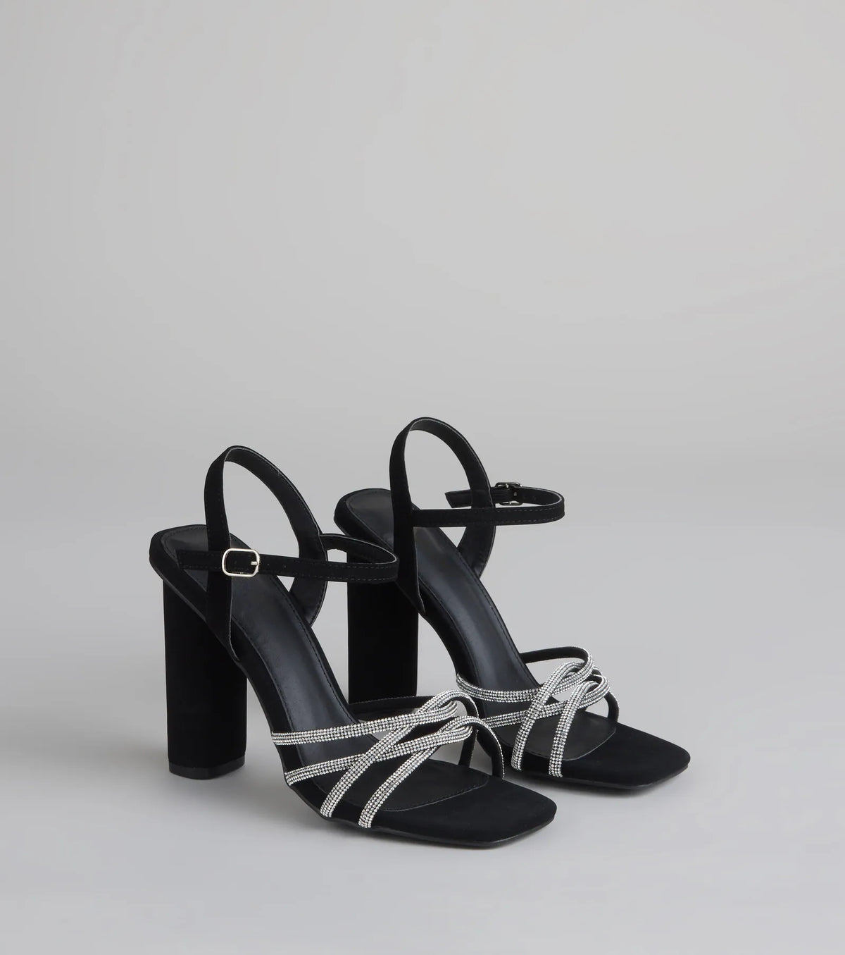 Style made simple with the Glow Getter Twisted Rhinestone Heels in black, trendy women’s shoes that take your outfit from basic to bold in one step.