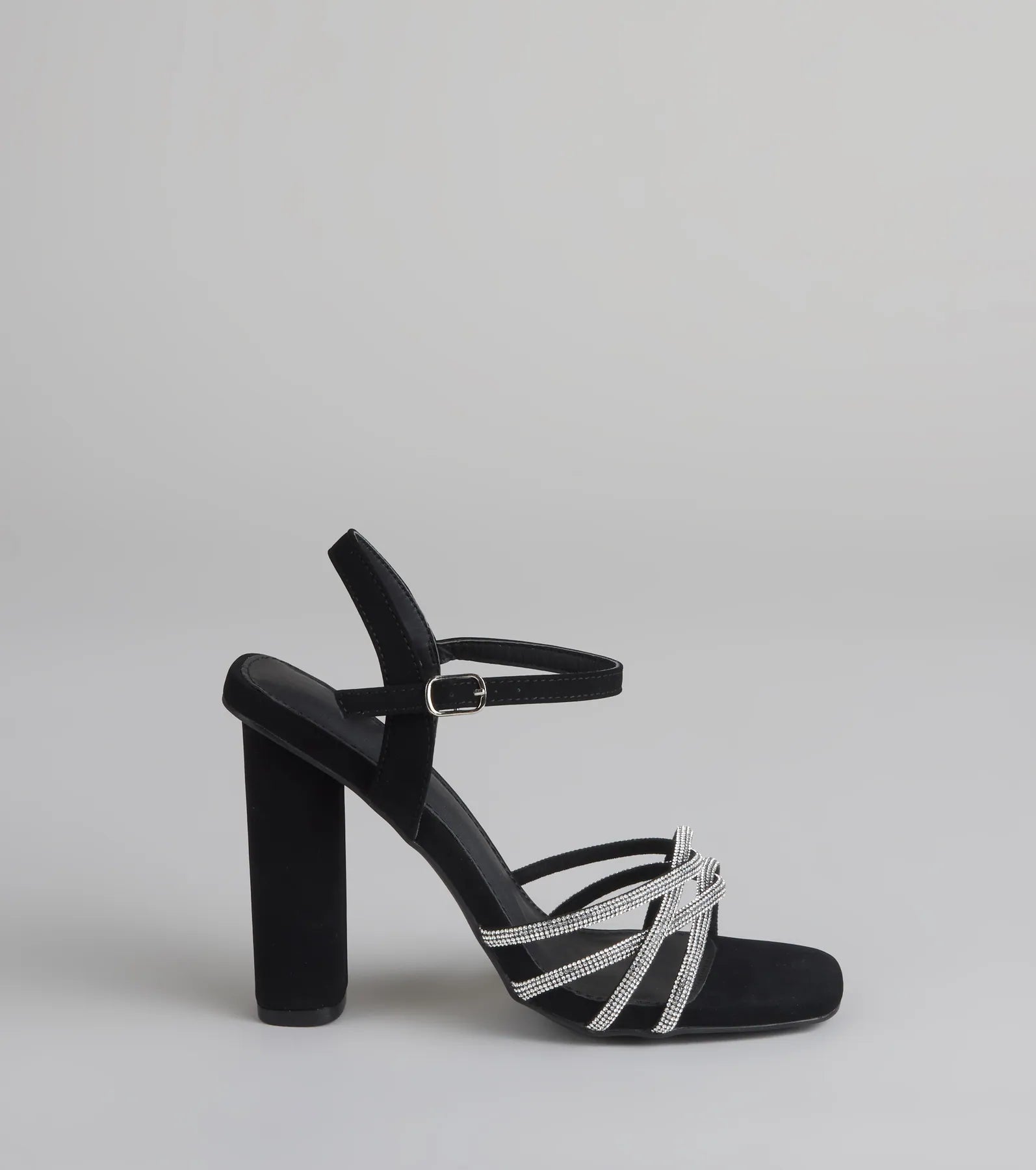 Style made simple with the Glow Getter Twisted Rhinestone Heels in black, trendy women’s shoes that take your outfit from basic to bold in one step.