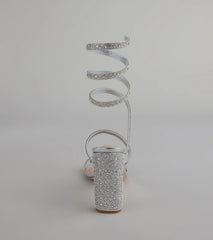 Style made simple with the Feelin' Glam Rhinestone Spiral Strap Block Heels in silver, trendy women’s shoes that take your outfit from basic to bold in one step.