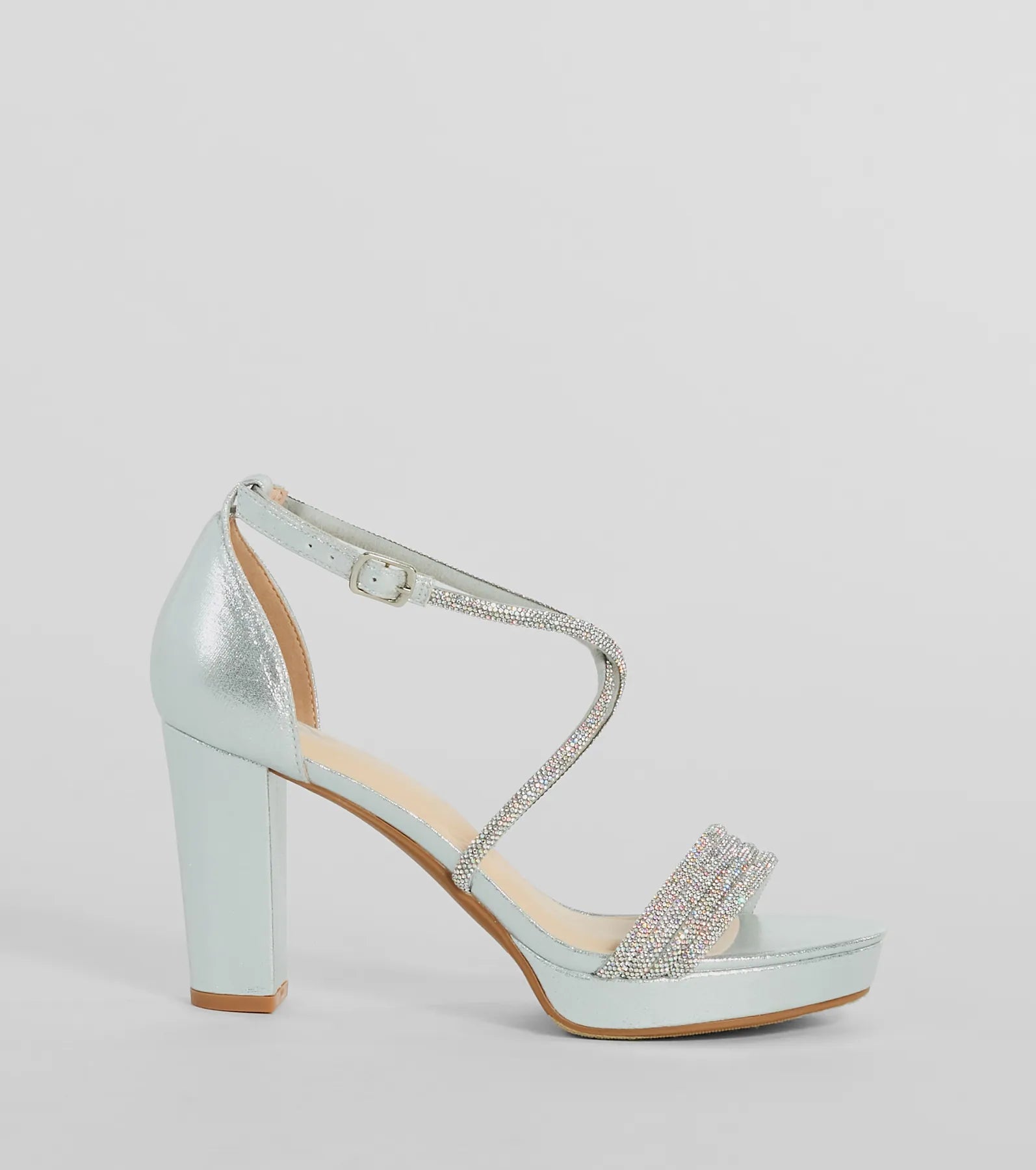 Elevate warm-weather looks with Gloss Up Glitter Rhinestone Platform Block Heels in silver, a pair of trendy sandals bringing chic, modern flair to every step.