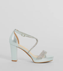Elevate warm-weather looks with Gloss Up Glitter Rhinestone Platform Block Heels in silver, a pair of trendy sandals bringing chic, modern flair to every step.