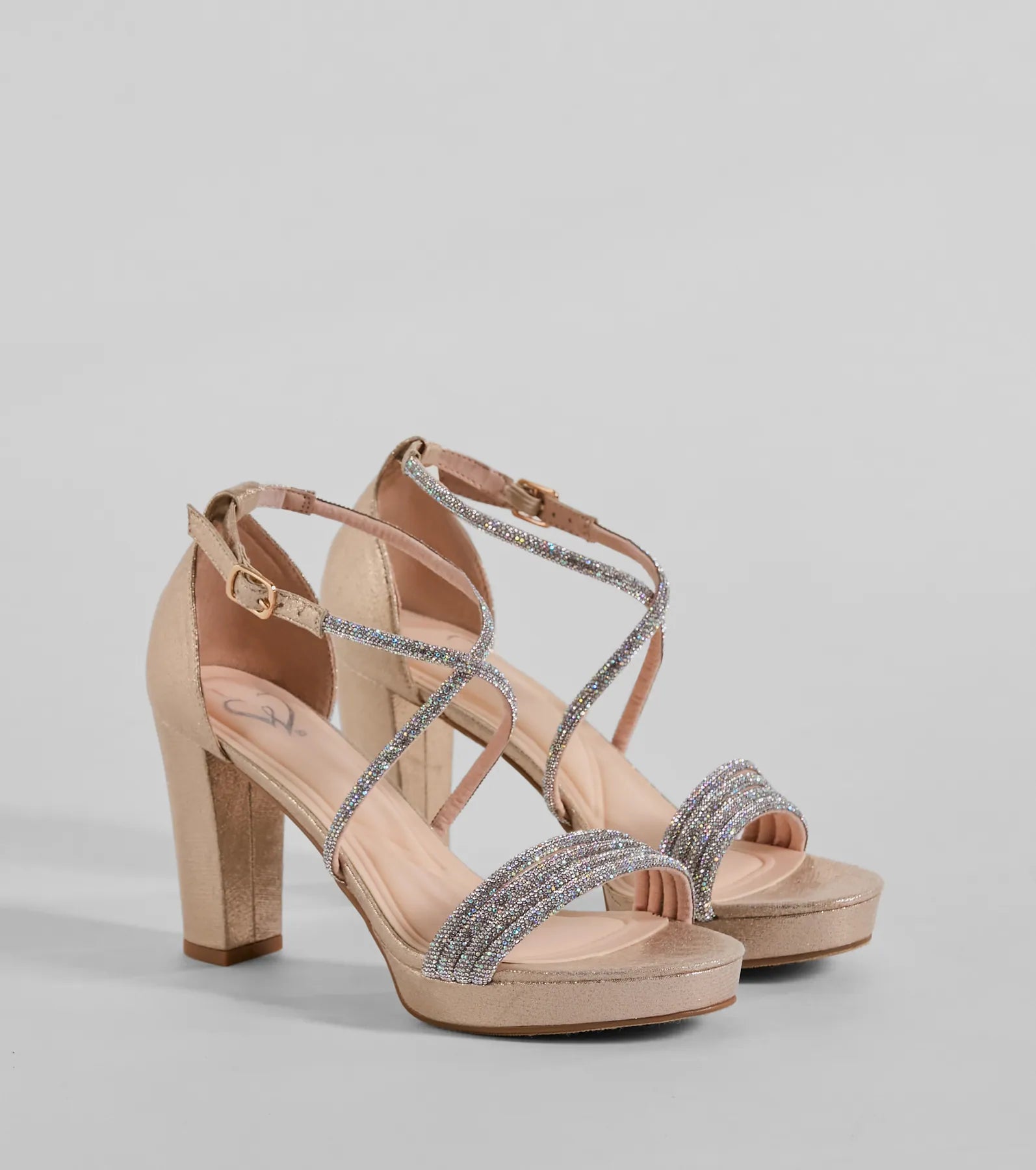 Style made simple with the Gloss Up Glitter Rhinestone Platform Block Heels in gold, trendy women’s shoes that take your outfit from basic to bold in one step.