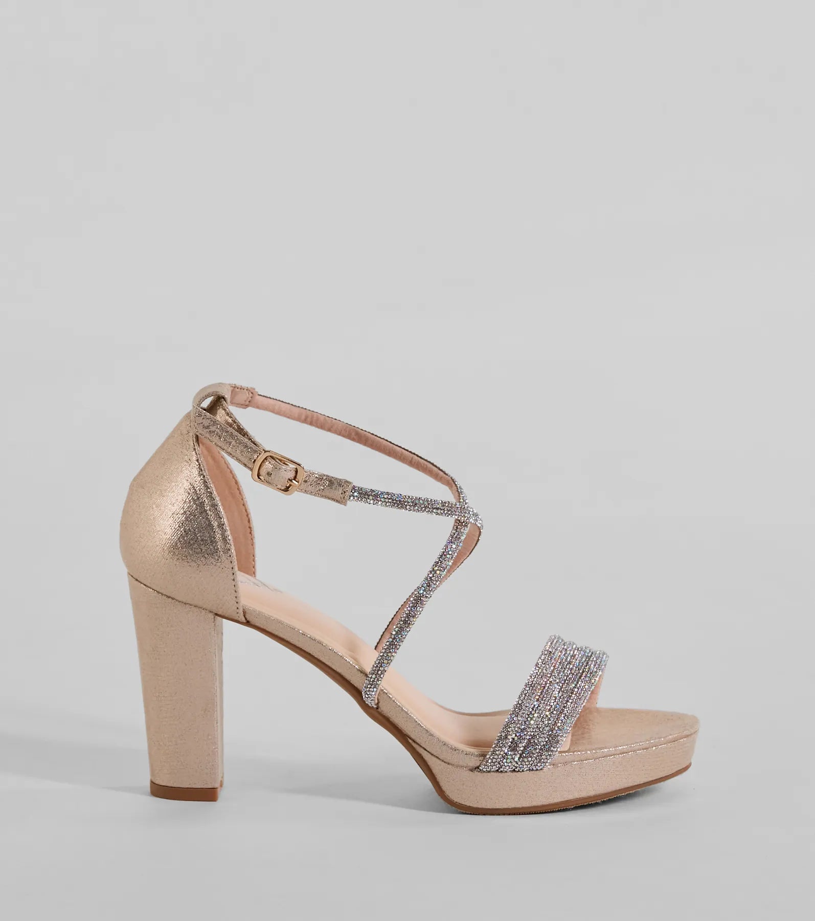 Elevate warm-weather looks with Gloss Up Glitter Rhinestone Platform Block Heels in gold, a pair of trendy sandals bringing chic, modern flair to every step.