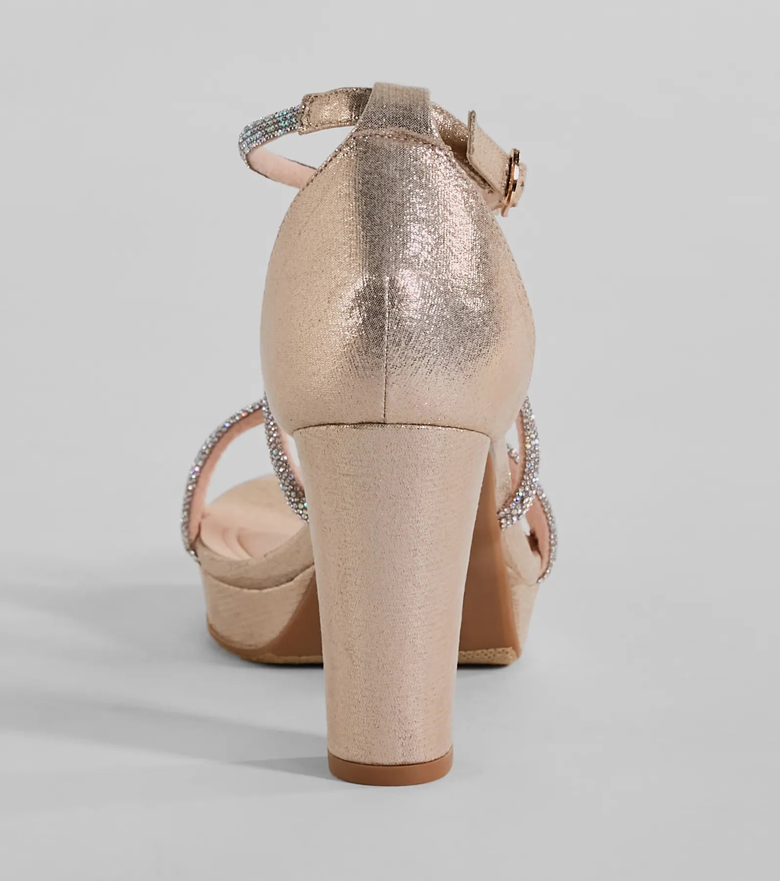 The Gloss Up Glitter Rhinestone Platform Block Heels in gold brings sleek style to any graduation outfit, from cap and gown to after-party.