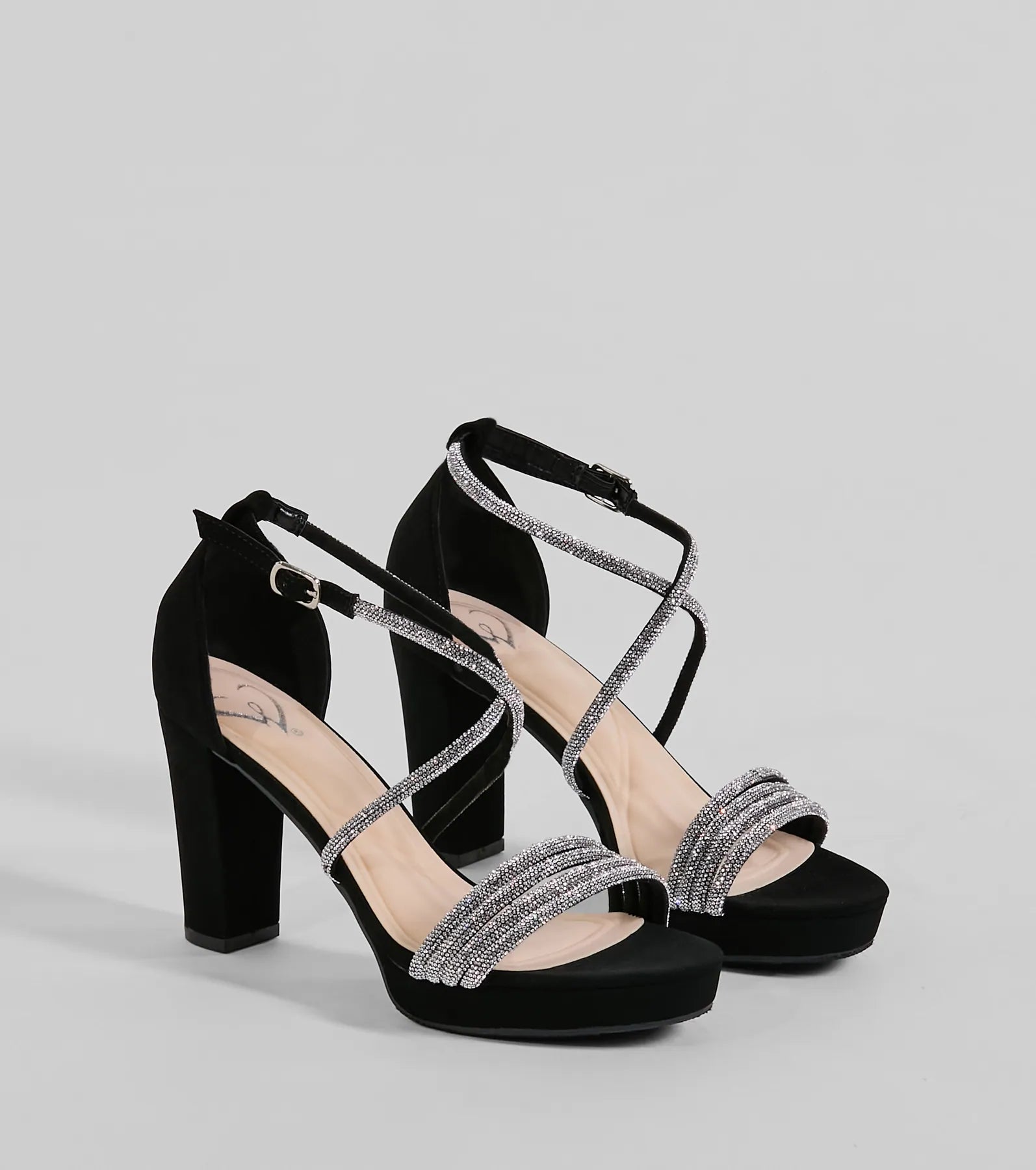 Style made simple with the Gloss Up Glitter Rhinestone Platform Block Heels in black, trendy women’s shoes that take your outfit from basic to bold in one step.