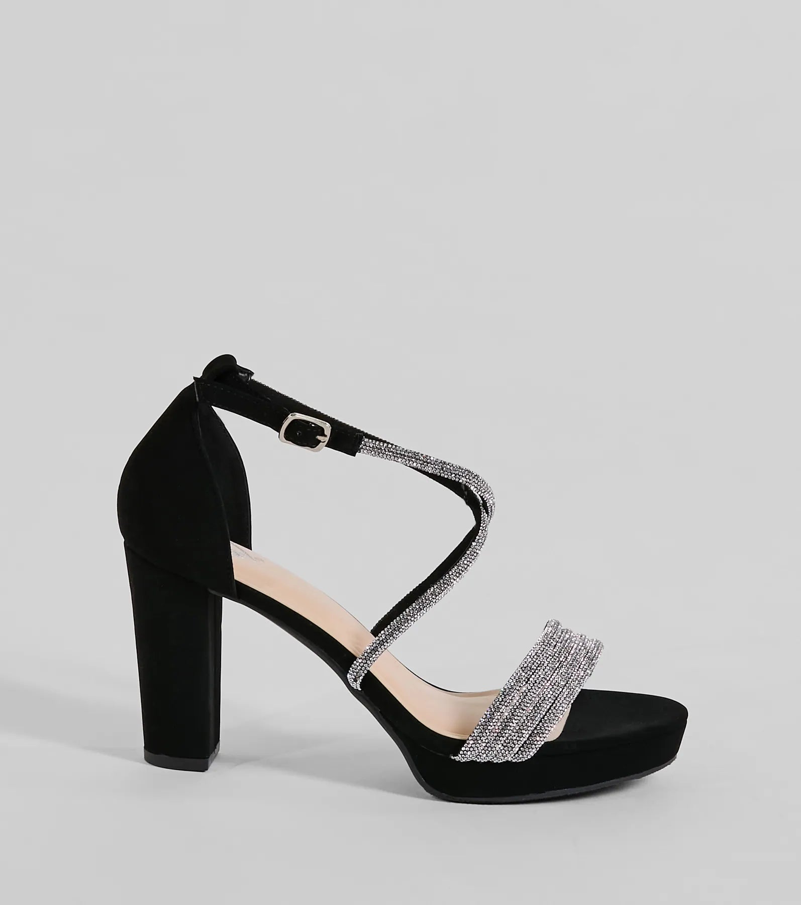 Elevate warm-weather looks with Gloss Up Glitter Rhinestone Platform Block Heels in black, a pair of trendy sandals bringing chic, modern flair to every step.