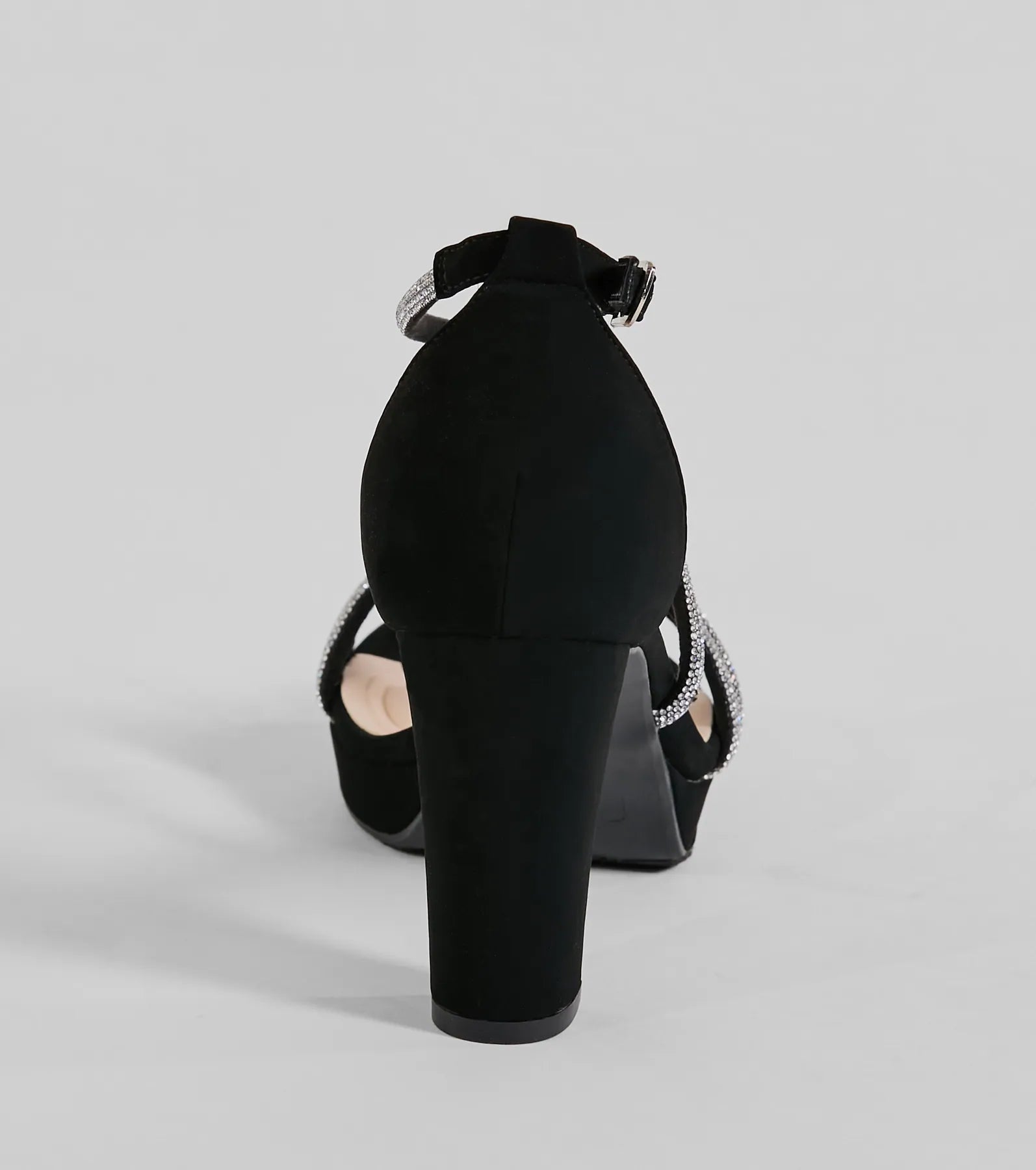 The Gloss Up Glitter Rhinestone Platform Block Heels in black brings sleek style to any graduation outfit, from cap and gown to after-party.