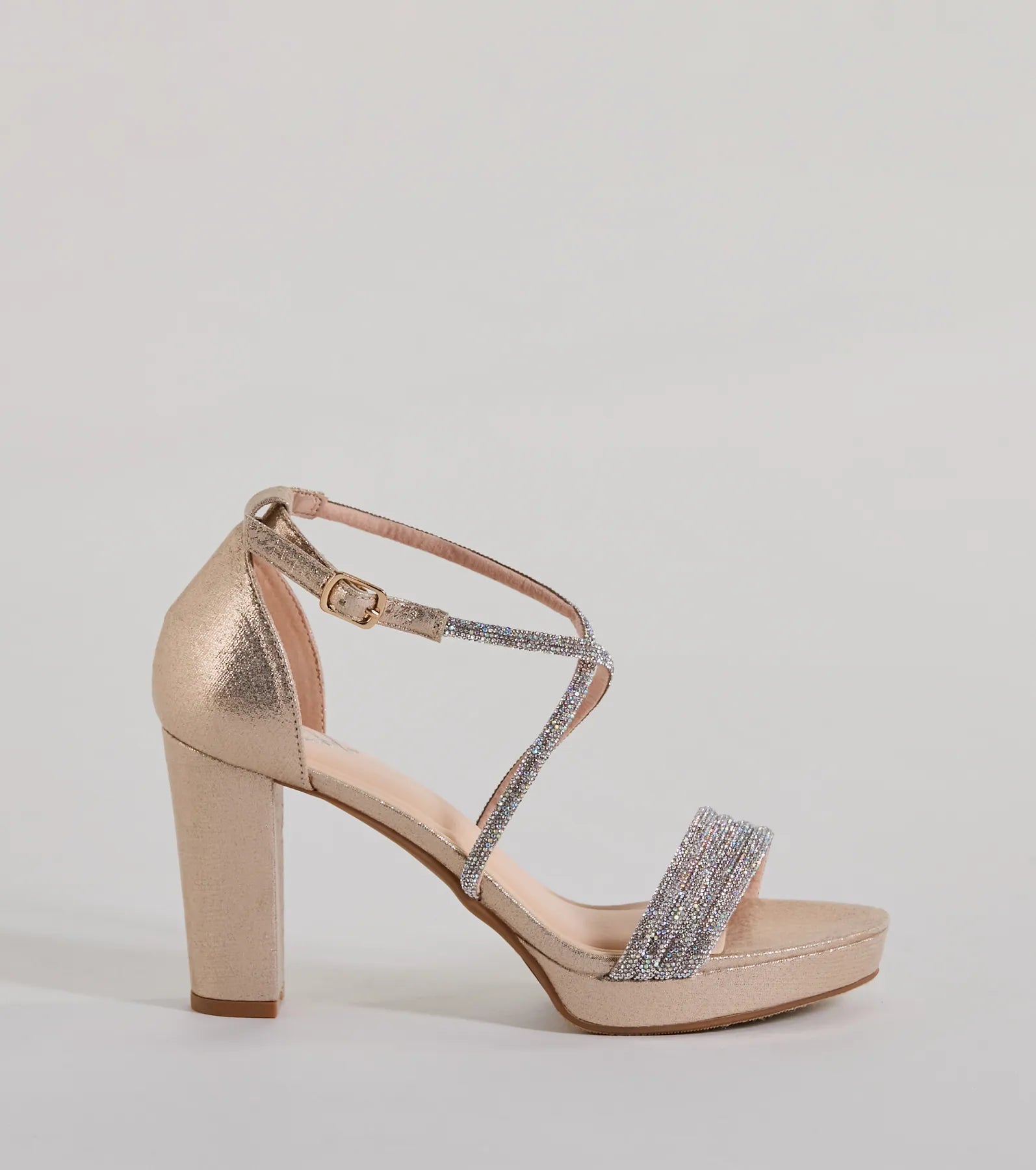 Elevate warm-weather looks with Gloss Up Glitter Rhinestone Platform Block Heels in gold, a pair of trendy sandals bringing chic, modern flair to every step.