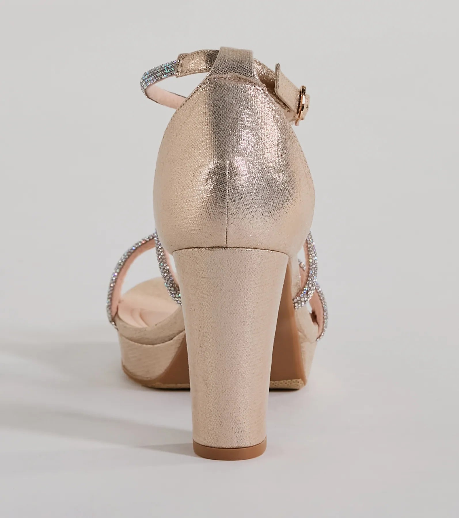 The Gloss Up Glitter Rhinestone Platform Block Heels in gold brings sleek style to any graduation outfit, from cap and gown to after-party.