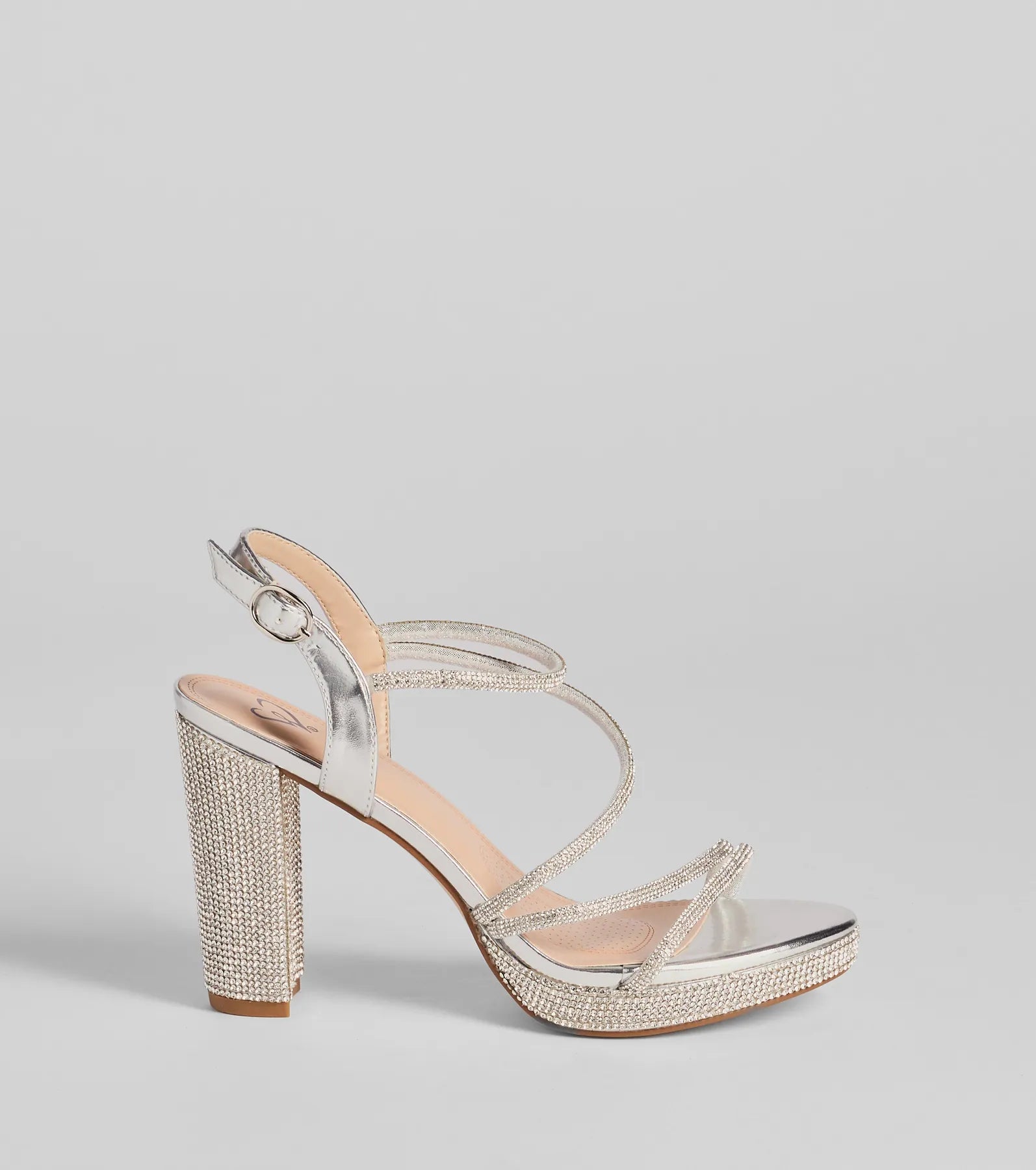 Elevate warm-weather looks with Glam Stride Rhinestone Metallic Platform Block Heels in silver, a pair of trendy sandals bringing chic, modern flair to every step.