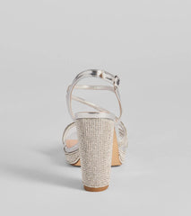Elevate warm-weather looks with Glam Stride Rhinestone Metallic Platform Block Heels in silver, a pair of trendy sandals bringing chic, modern flair to every step.