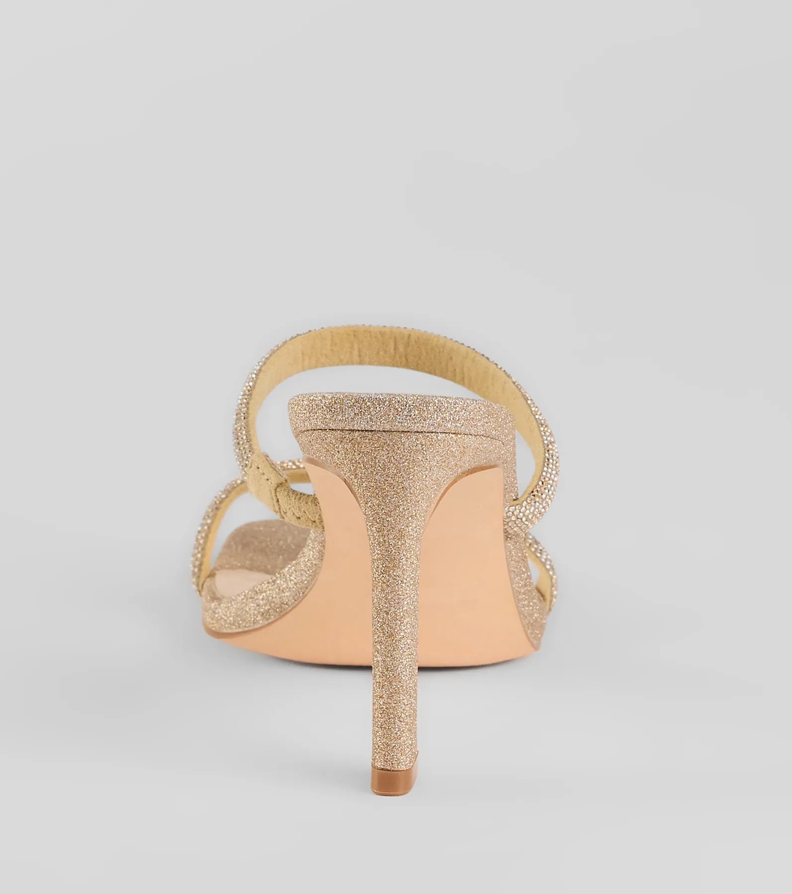 The Classy Luxe Rhinestone Strappy Stiletto Mules in gold brings sleek style to any graduation outfit, from cap and gown to after-party.