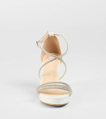 Style made simple with the Night Shimmer Rhinestone Platform Block Heels in white, trendy women’s shoes that take your outfit from basic to bold in one step.