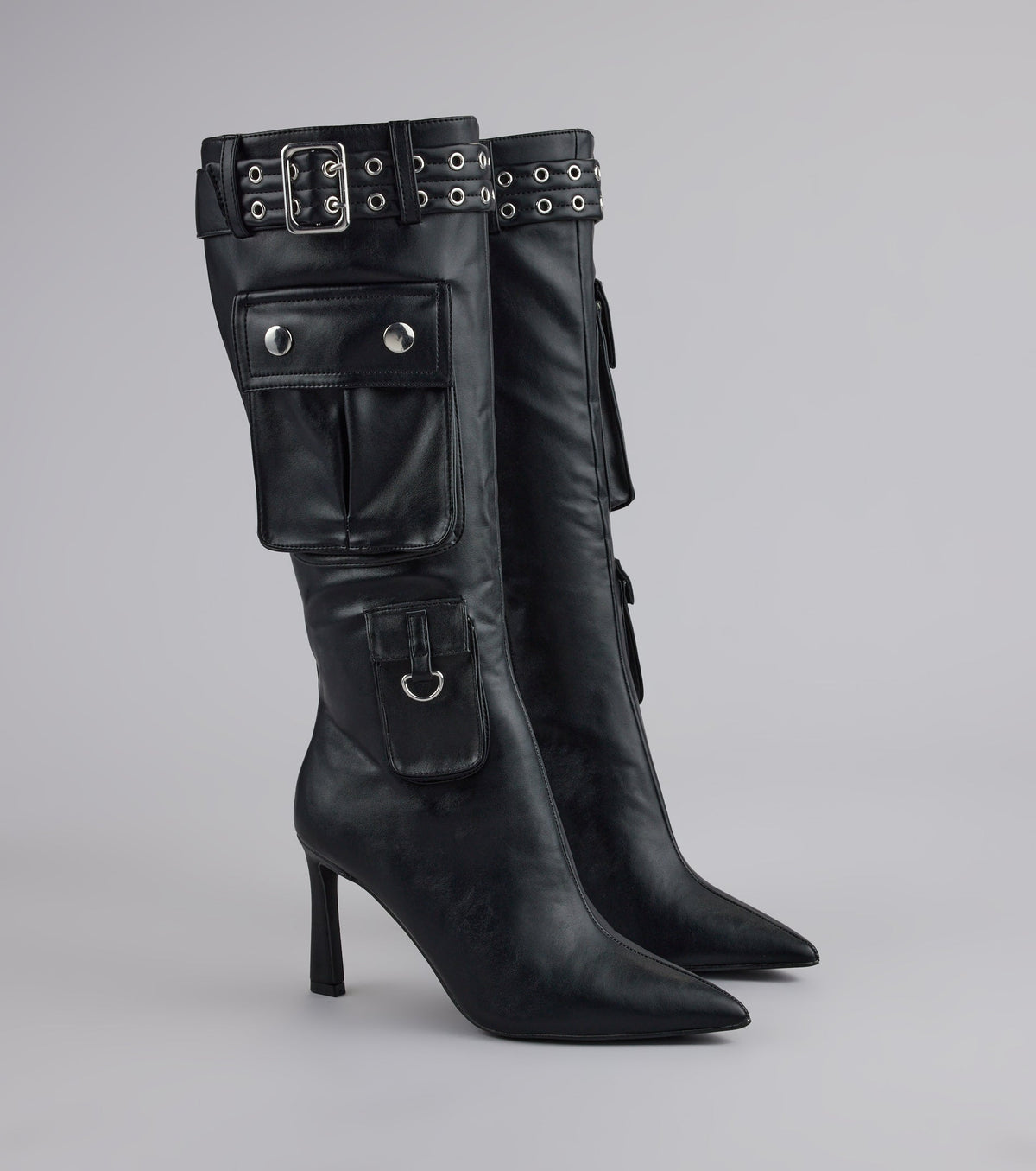 Style made simple with the Hot on the Heist Buckled Pocket Stiletto Boots, trendy women’s shoes that take your outfit from basic to bold in one step.