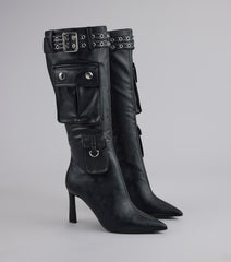 Style made simple with the Hot on the Heist Buckled Pocket Stiletto Boots, trendy women’s shoes that take your outfit from basic to bold in one step.