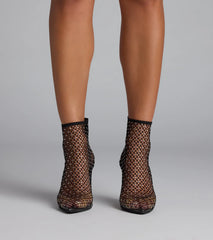 Style made simple with the Up To No Good Rhinestone Fishnet Booties in black, trendy women’s shoes that take your outfit from basic to bold in one step.
