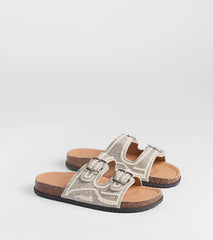 Style made simple with the Pretty Glam Rhinestone Pearl Buckle Slide Sandals in white, trendy women’s shoes that take your outfit from basic to bold in one step.