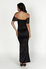Everly Off Shoulder Organza Satin Maxi Dress - Black