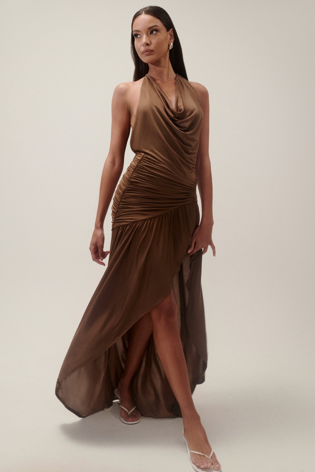 Serenity Ruched Slinky Maxi Dress - Chocolate