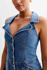 Porter Collared Denim Mini Dress - 70'S Blue