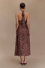 Marguerite Satin Halter Midi Dress - Brown Polka Dot Print