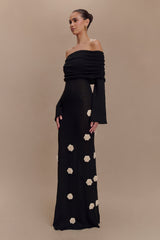 Kiki Off Shoulder Knit Rose Maxi Dress - Black/White