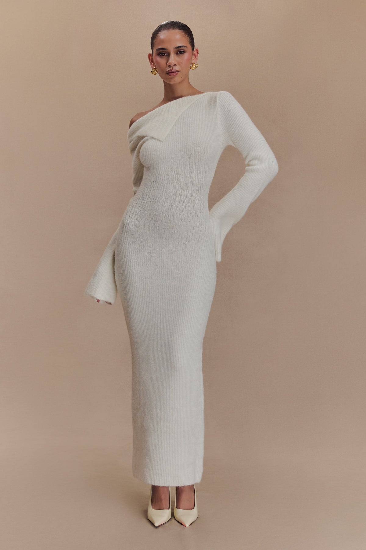 Magenta One Shoulder Fluffy Knit Midi Dress - Ivory