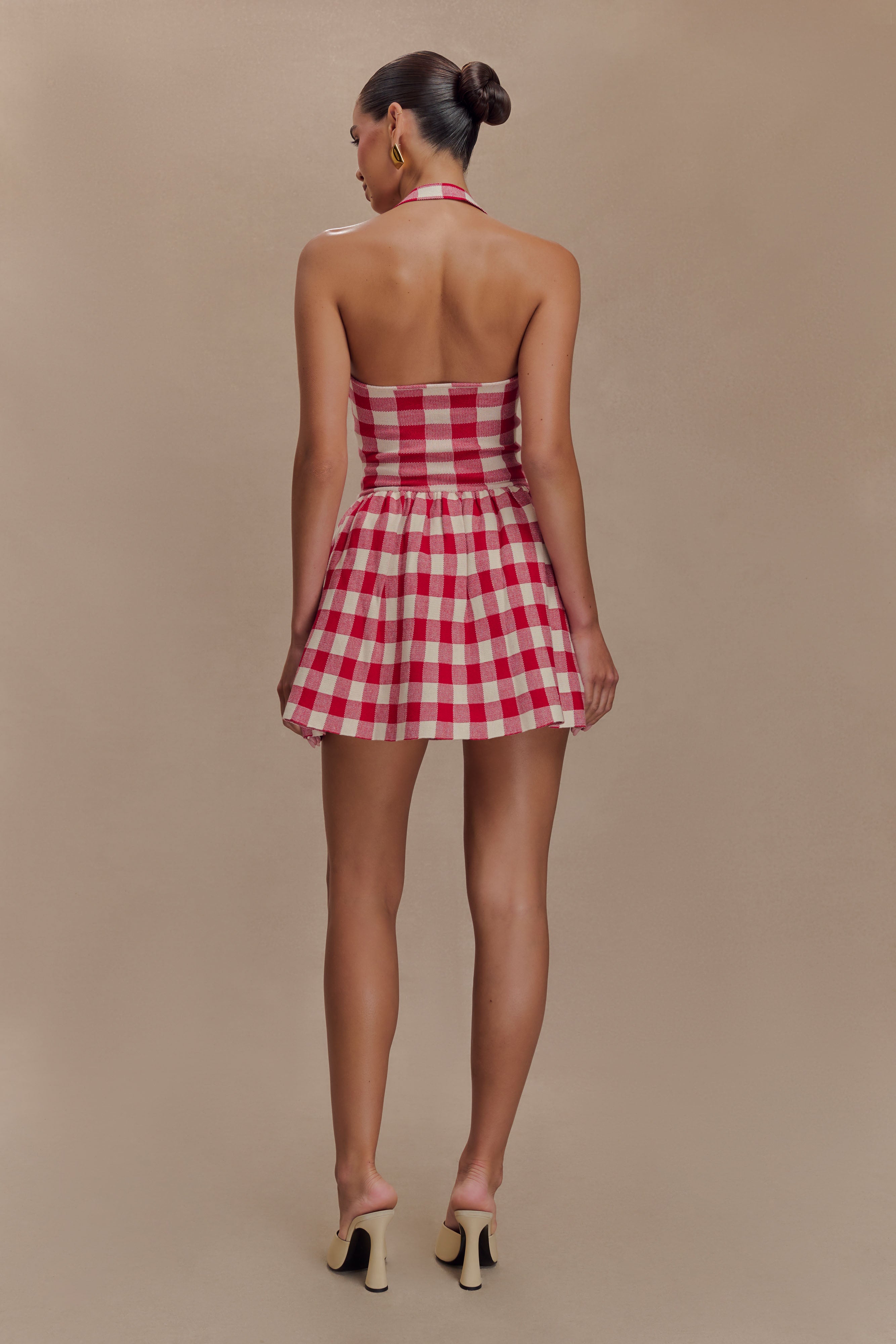 Lindsay Halter Knit Mini Dress - Red Gingham