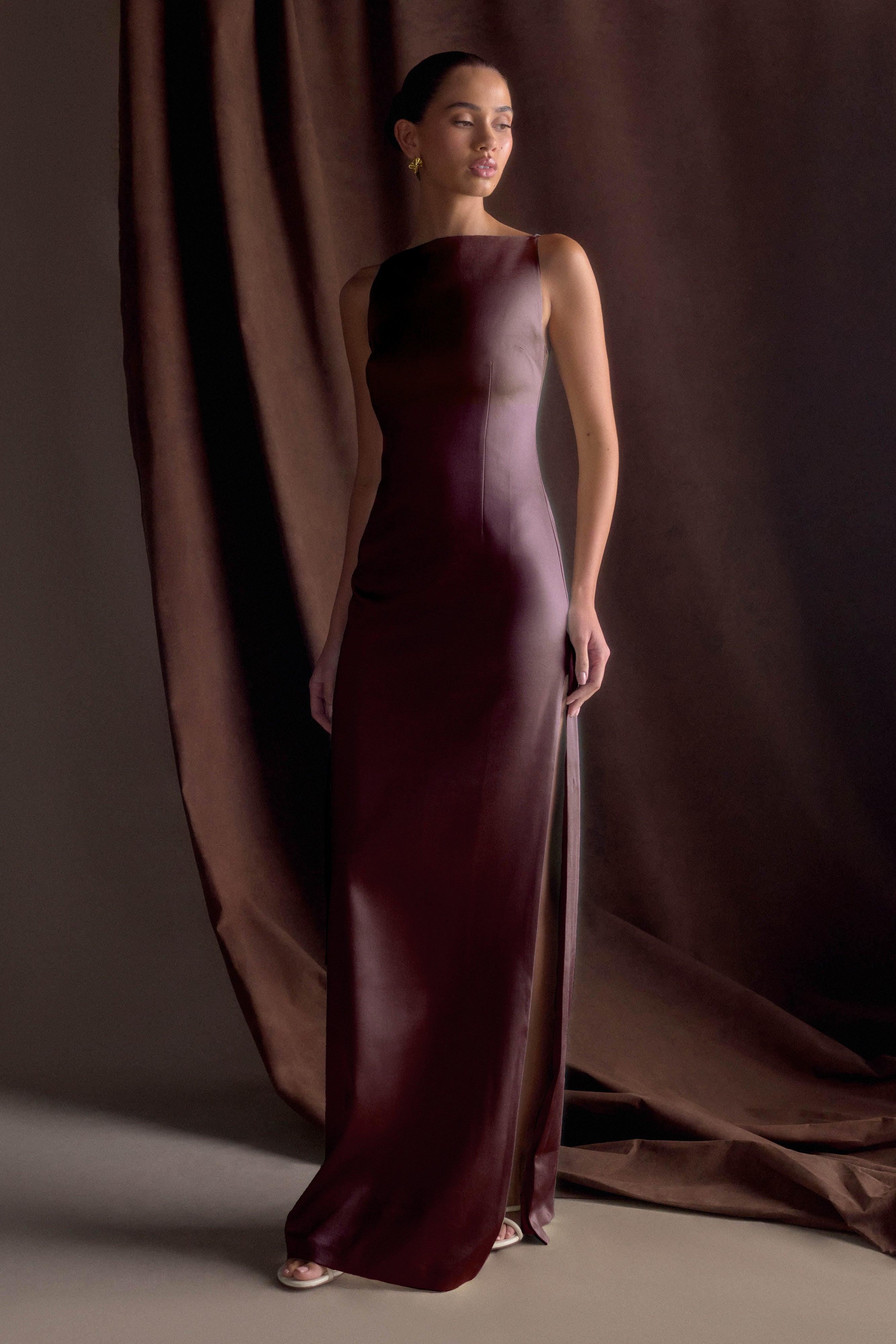 Violet Sleeveless Satin Maxi Dress - Dark Chocolate