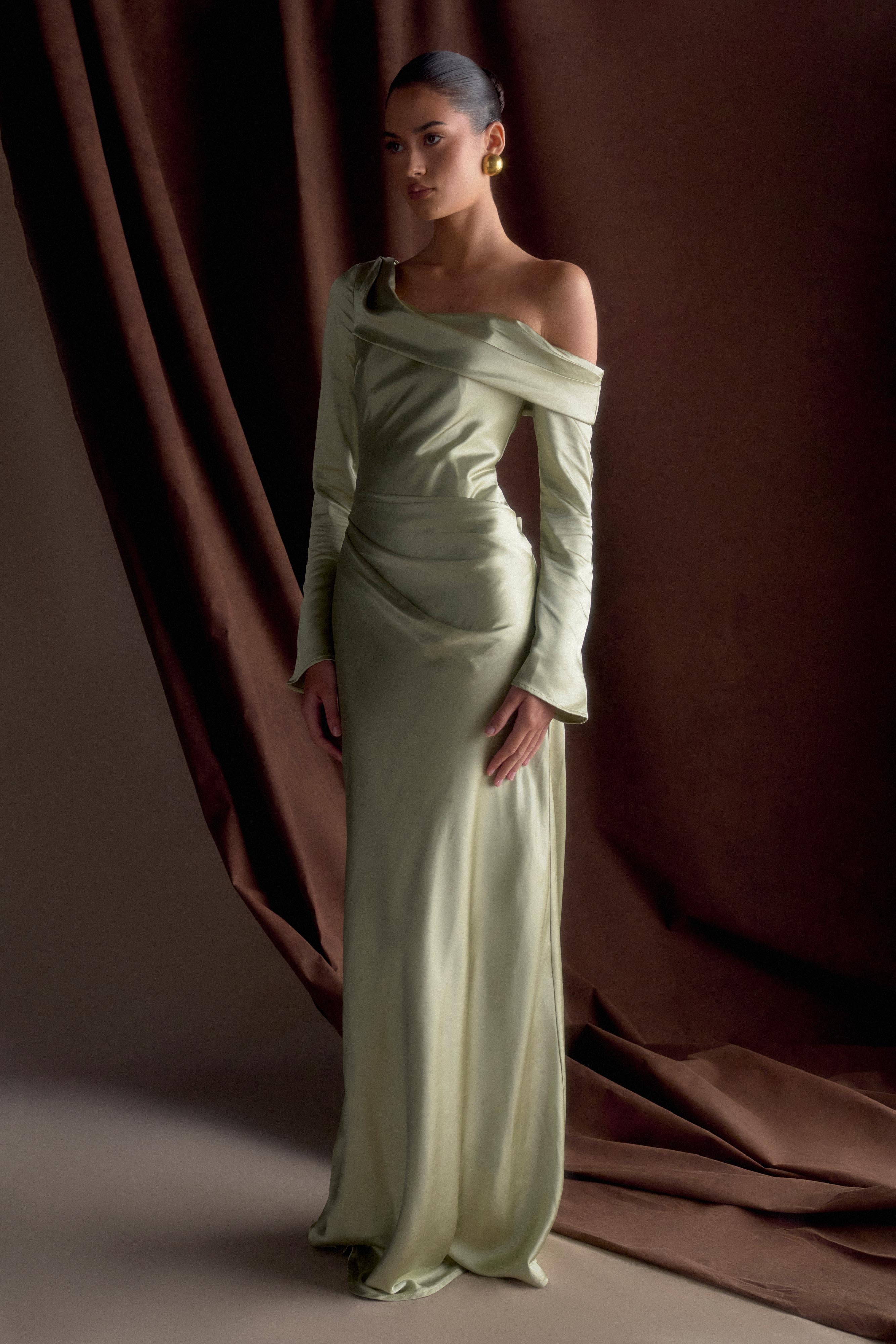Iris Long Sleeve Satin Maxi Dress - Sage