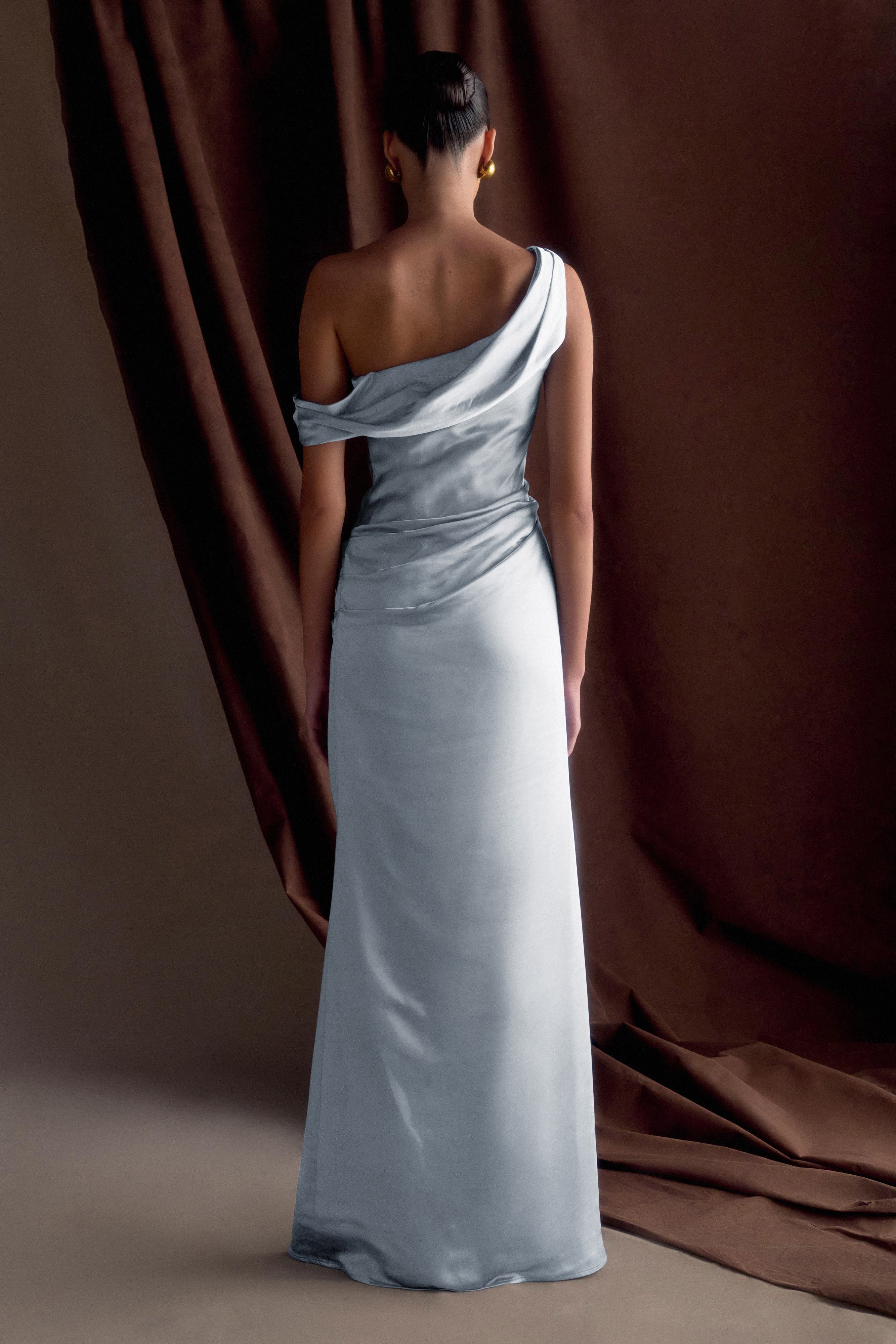 Dalia Off Shoulder Satin Maxi Dress - Frosted Blue