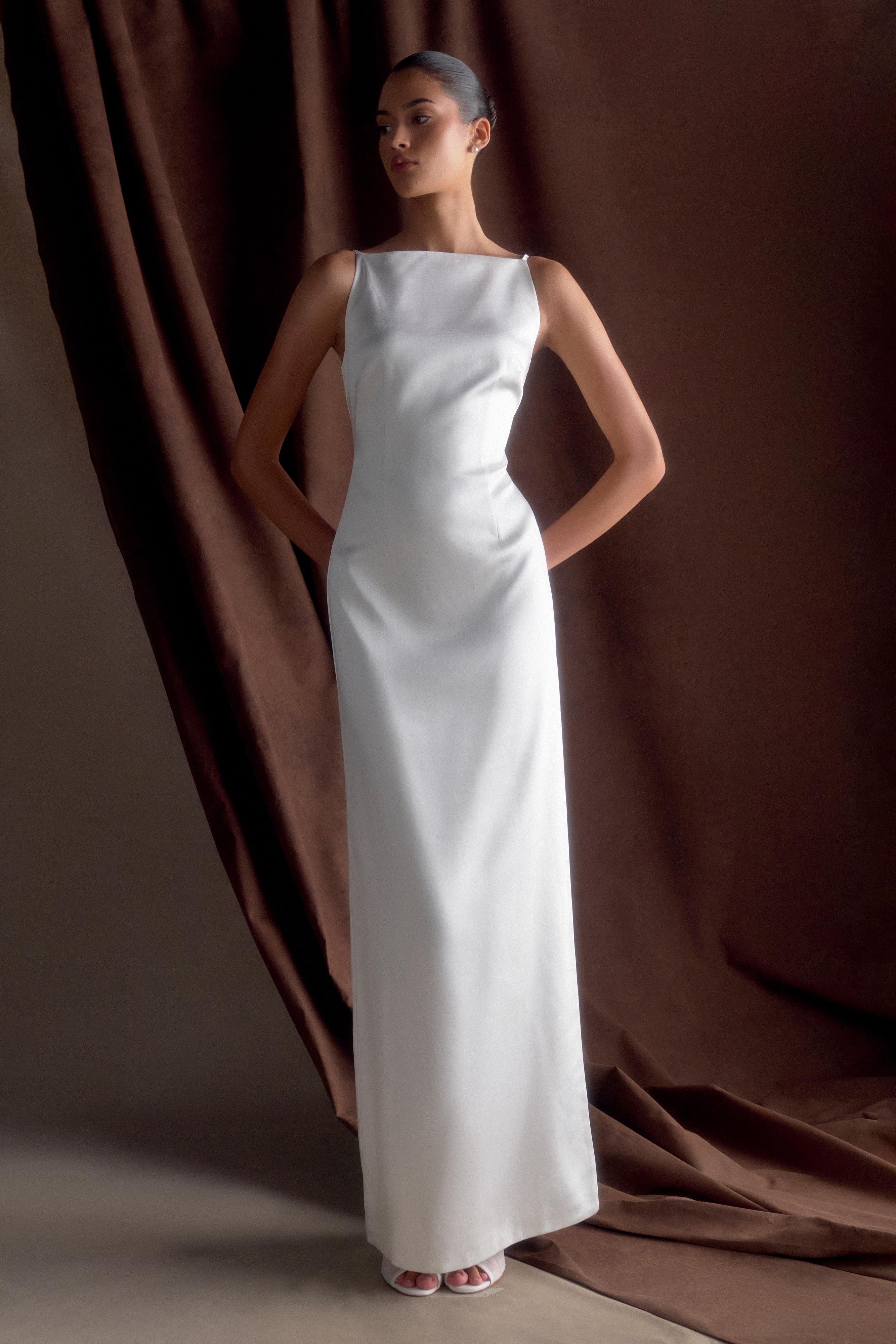Violet Sleeveless Satin Maxi Dress - White