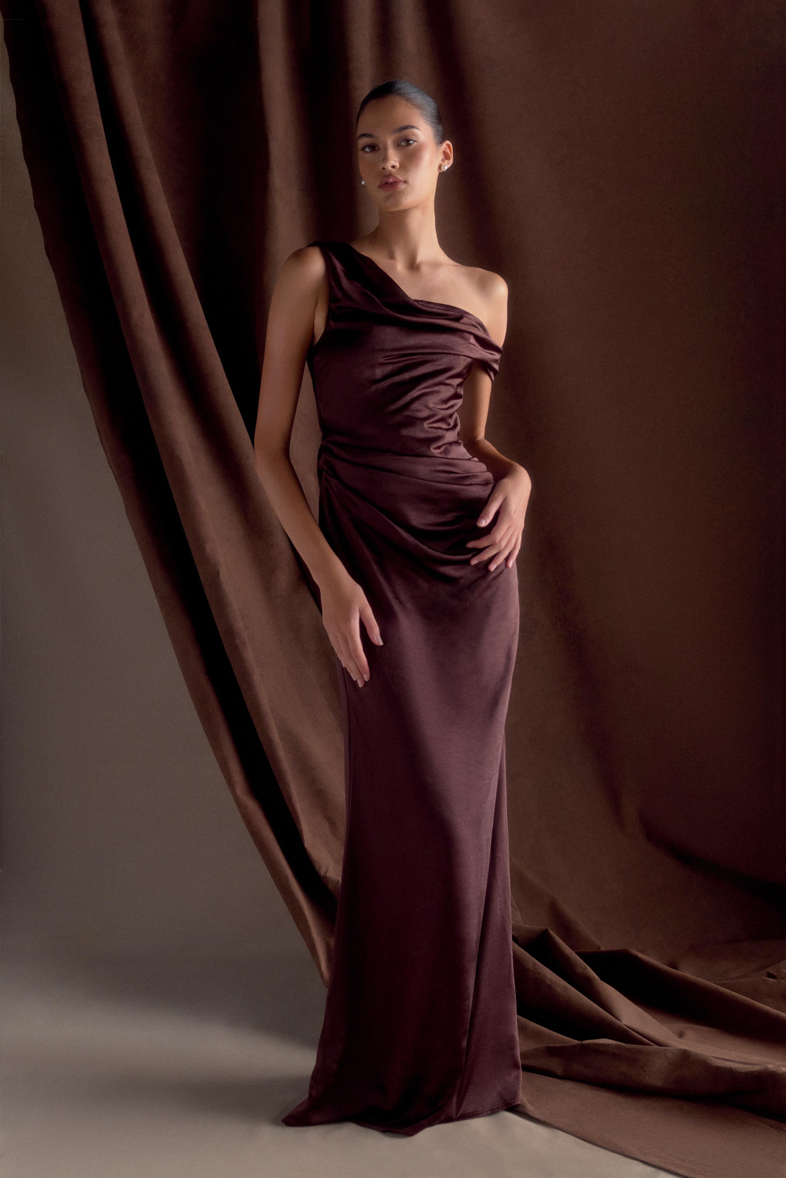Dalia Off Shoulder Satin Maxi Dress - Dark Chocolate