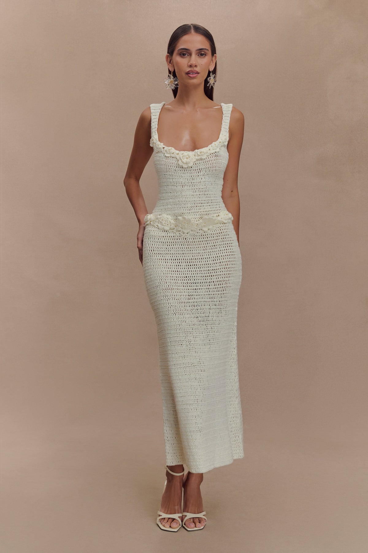 Teagan Floral Hand Crochet Midi Dress - Ivory